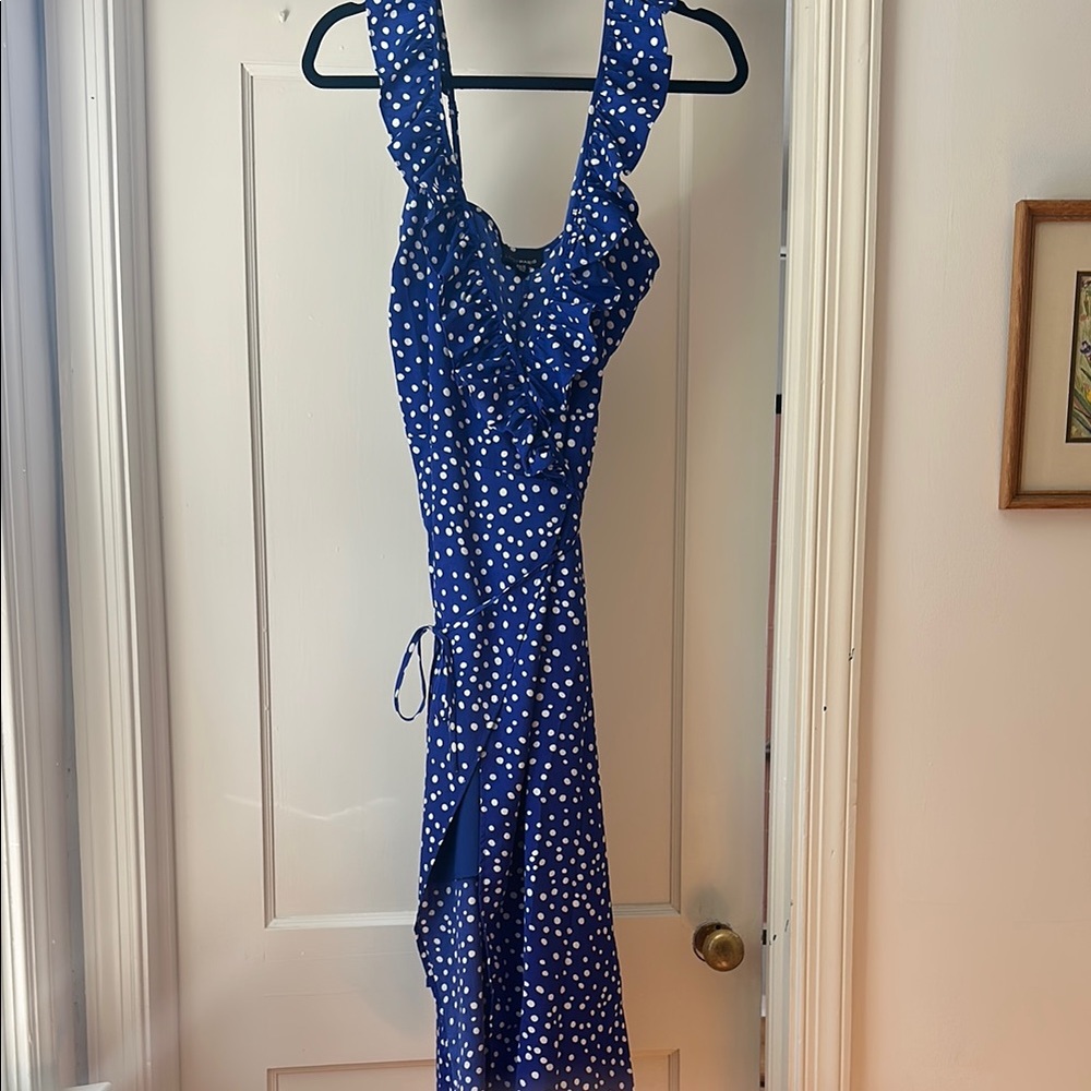 Lucy Paris Blue Asymmetrical Dress with White Polka Dots